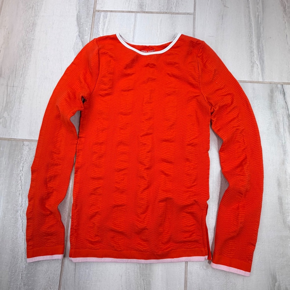 Tory Sport Orange Chevron Textured Long Sleeve Athletic Top Size M 29518